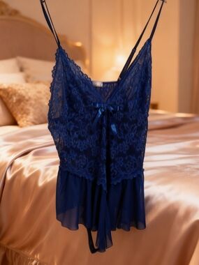 Lace & Chiffon Chemise Teddy - Navy Blue